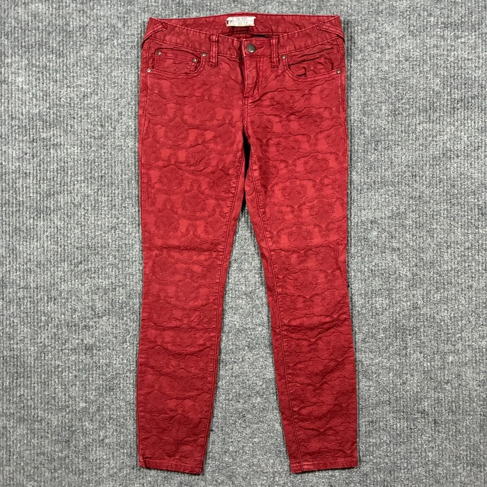 Free People Womens Skinny Jeans Size W27 Red Floral Textured Stretch Low Rise